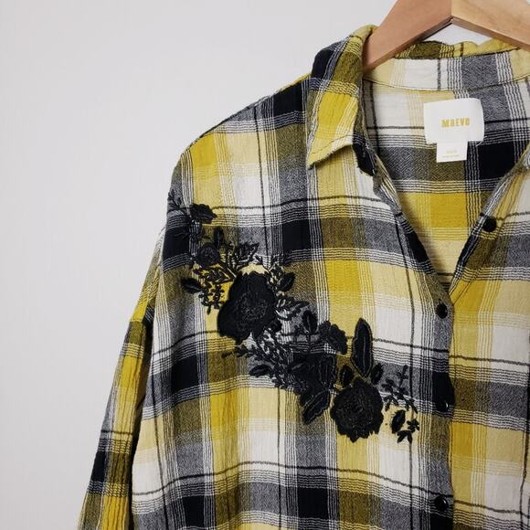 Anthropologie Maeve Floral Embroidered Yellow Plaid Longline Flannel Tunic XS - Picture 11 of 12